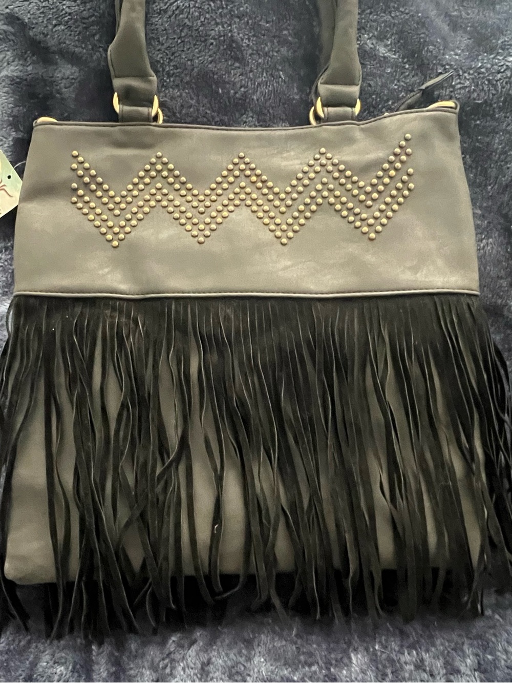 Heritage West Fringed Shoulder Tote in Black/Charcoal with Gold Accents
